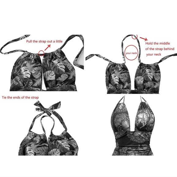 Women black One Piece Swimsuit Tummy Control Swimwear V Neck Bathing Suit - Picture 13 of 13